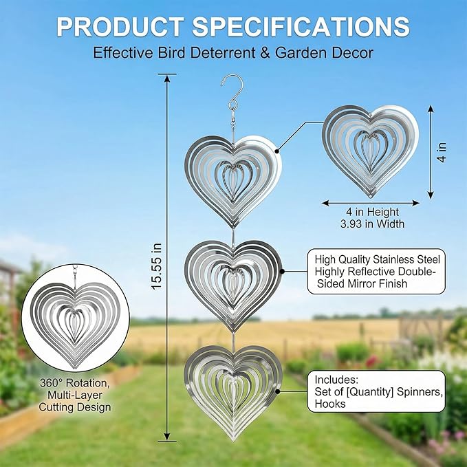 12PCS Stainless Steel Bird Deterrent Wind Spinners for Outside – Reflective Outdoor Bird Repellent Hanging Ornaments, Humane Pigeon Scarer for Yard Garden, Balcony, Patio, Roof & Window (12, Heart)