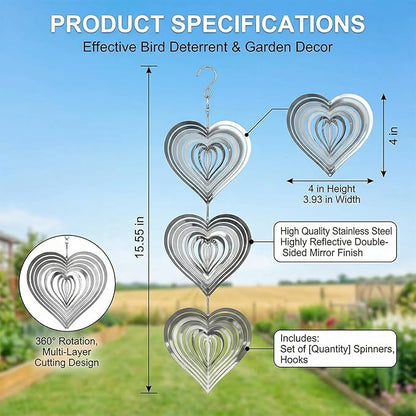 12PCS Stainless Steel Bird Deterrent Wind Spinners for Outside – Reflective Outdoor Bird Repellent Hanging Ornaments, Humane Pigeon Scarer for Yard Garden, Balcony, Patio, Roof & Window (12, Heart)