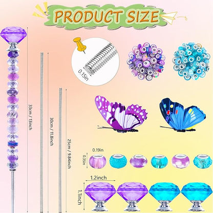 145 PCS Beaded Garden Stakes Kit, DIY Fairy Wand Garden Stake Beads Kits with Assortment Large Hole Beads 4 Crystal Stopper Top 2 Butterfly Tops and Threaded Rods for Outdoor Indoor Decor