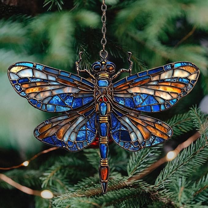 Vivid Dragonfly Mosaic Art Decor Acrylic Suncatcher Stained Glass Effect Window Car Hanging Christmas Ornament Indoor Outdoor Decor Garden Sun Catcher Panel for Dragonfly Lover for Women Mom Grandma