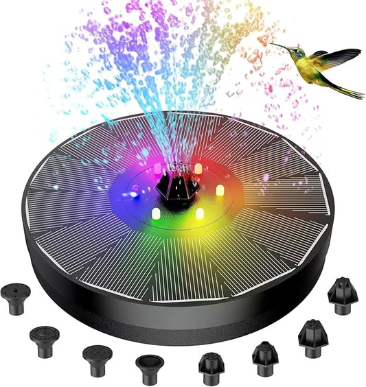 Solar Water Fountain,Upgrade 3W Solar Powered Bird Baths Fountains Pump, Solar Fountain with Lights 7 Nozzles Four fixators, Outdoor Bird Bath. GardenPond,Decorative Water Fountains.