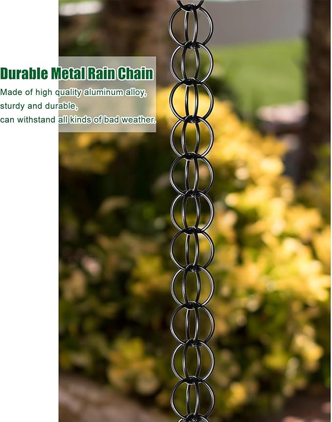 Black Rain Chains for Outside, Metal Double Loop Rain Gutter Chains 6ft 8.5ft 12ft, Gutter Chain Downspout, Garden Porch Rain Catcher Chain(1.8m/6ft)
