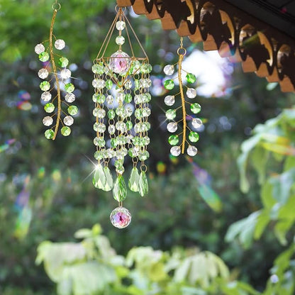 Crystal Suncatcher 3 PCS Hanging Prism Window Decor, Green Glass Sun Catcher with Metal Frame and Rainbow Light Reflection for Indoor Outdoor Garden Patio