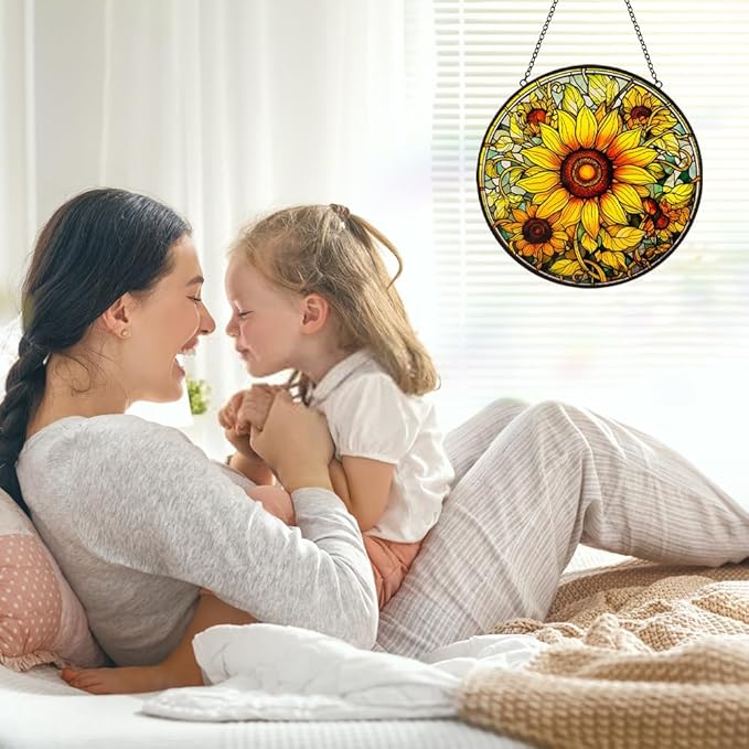 Sunflower Sun Catcher Stained Glass Window Hanging - Flower Sun Catchers Ornaments for Kitchen Door Home Garden Decor - Handmade Suncatchers Glass Panel - Mothers Day Birthday Gifts for Mom Grandma