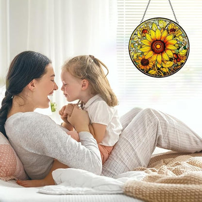 Sunflower Sun Catcher Stained Glass Window Hanging - Flower Sun Catchers Ornaments for Kitchen Door Home Garden Decor - Handmade Suncatchers Glass Panel - Mothers Day Birthday Gifts for Mom Grandma