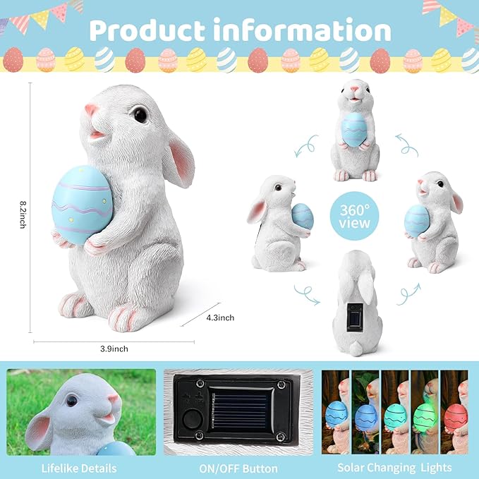 Solar Easter Rabbit Garden Statues Outdoor Easter Decorations Resin Bunny Figurine with Egg Changing LED Lights for Porch Patio Lawn Yard Gardening Gifts for Mom Grandma