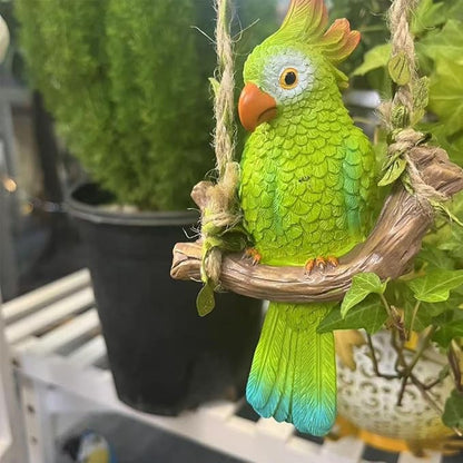 Garden Decor Resin Parrot，Hanging Yard Decor ，Parrot On A Swing Gardening，Outdoor Tree Ornaments Resin Bird for Patio, Lawn, Gardens, Balconies, Indoor and Outdoor Spaces