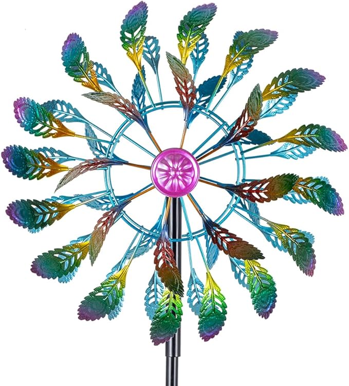 DREAMSOUL 64" Tall Peacock Feather Wind Spinners Outdoor 360° Rotation Metal Windmill for Yard Kinetic Wind Spinner