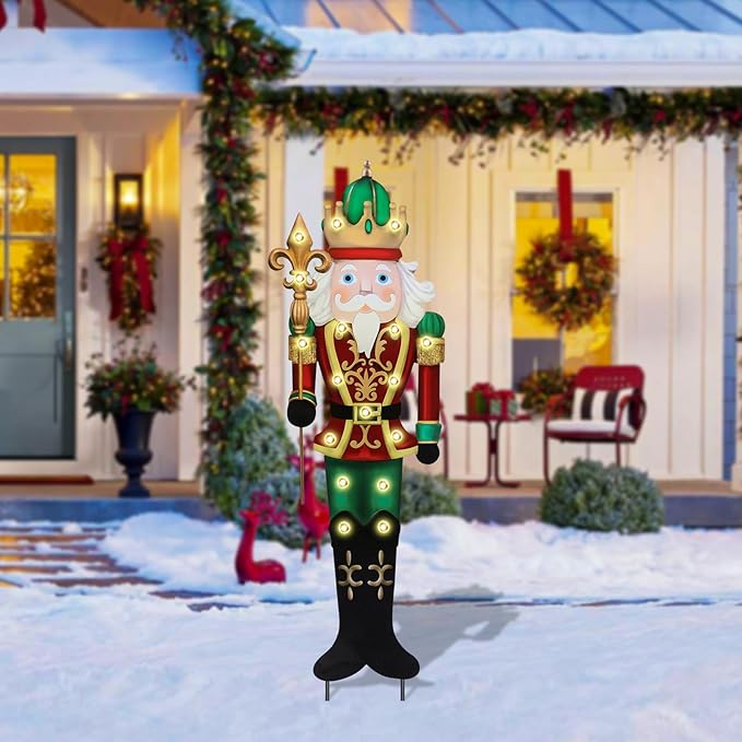 Christmas Yard Stakes Lighted Up Metal Christmas Yard Decorations LED King Nutcracker with Crown Scepter Lighted Stakes Outdoor Xmas Stake Lawn Pathway Outdoor Decoration