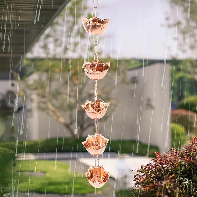 FILFEEL 1m Elegant Copper Hanging Rain Chain - Weatherproof Floral Rain Catcher for Garden & Yard Decor (Flower Shaped)