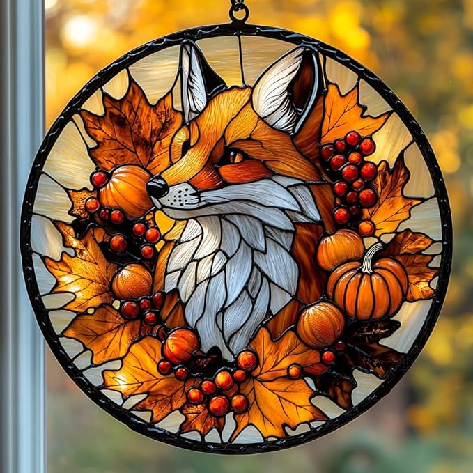 Autumn Lovely Fox Acrylic Suncatcher Stained Glass Effect Window Car Hanging Christmas Ornament Indoor Outdoor Decor Garden Sun Catcher Panel for Fox Lover for Women Mom Grandma