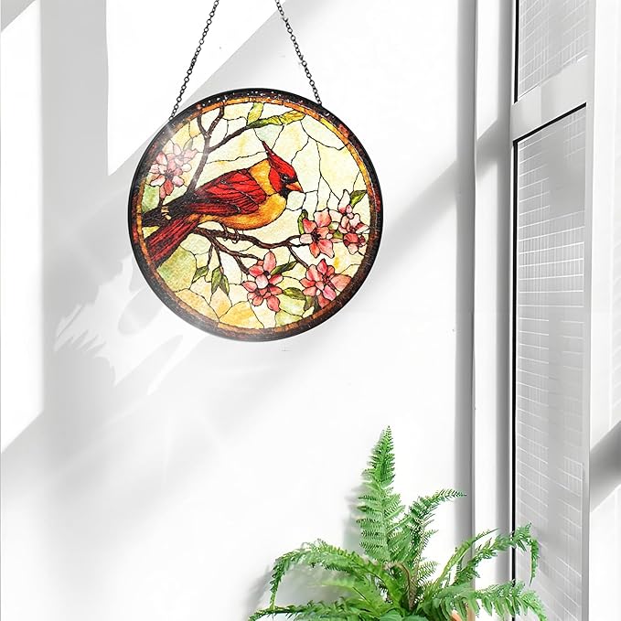 Bimkole Bird Stained Glass Suncatcher Window Hanging - Flowers Design for Indoor Window or Doorway Decoration - 7.87x7.87 inch with Chain and Hook - Unique Home Decor Gift