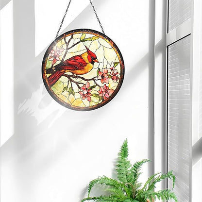 Bimkole Bird Stained Glass Suncatcher Window Hanging - Flowers Design for Indoor Window or Doorway Decoration - 7.87x7.87 inch with Chain and Hook - Unique Home Decor Gift