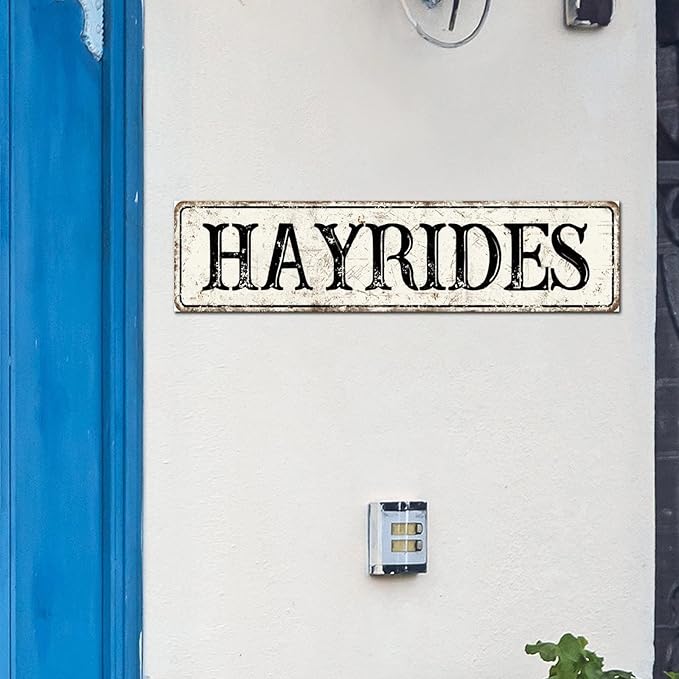Madcolitote Retro Hay Rides Wood Sign Hay Rides Custom Street Sign Rustic Wooden Wall Art Farmhouse Wall Decor Kitchen Wall Hanger Retro Decoration Sign Housewarming Gift 6x24in