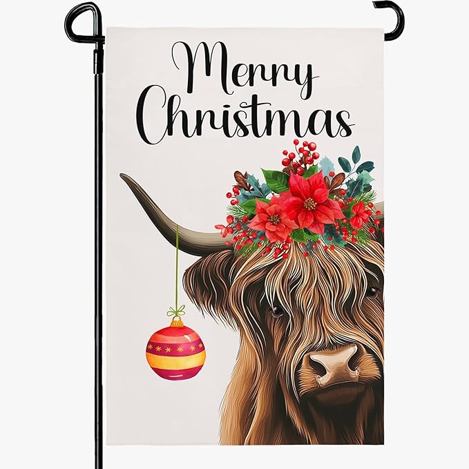 Merry Christmas Garden Flag Highland Cow with Santa Ball Premium Yard Flags Red Holly Flowers Double Sided House Banners Xmas Cows Seasonal Happy Holiday Farmhouse Banner 12x18 Inch