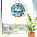 RIVEENY Blue Ocean Sunset Glass Window Hanging Decor,8" Stained Glass Sun Catcher Hanging Decoration with Metal Chain-Sun Catchers for Window Decor Outdoor Garden Decor Gift (Oceans)