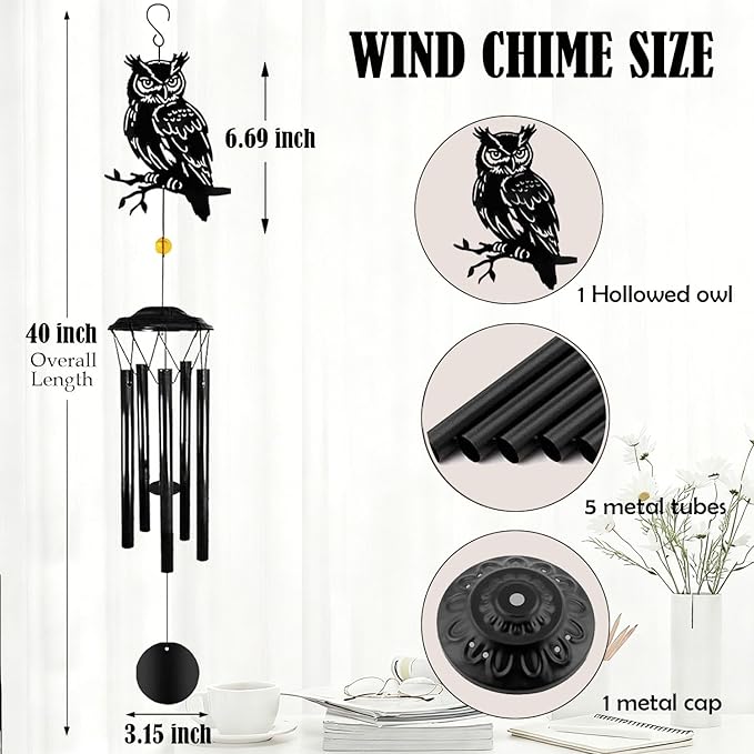 Owl Wind Chimes for Outside - Owls Windchimes Outdoors Metal Sympathy Owl Gifts for Women Mom Grandma Friend, Owls Wind Chime Outdoor Garden Patio Porch Balcony Decor (Black)