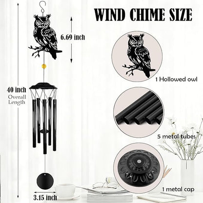 Owl Wind Chimes for Outside - Owls Windchimes Outdoors Metal Sympathy Owl Gifts for Women Mom Grandma Friend, Owls Wind Chime Outdoor Garden Patio Porch Balcony Decor (Black)