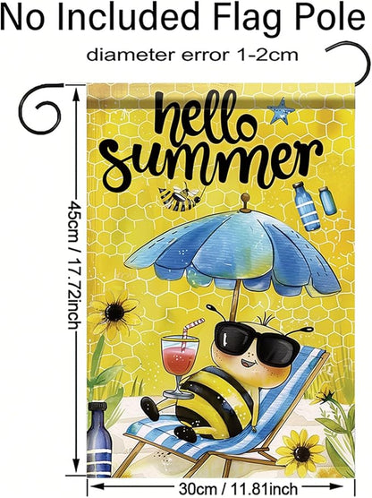 Summer Garden Flag 12x18 Inch Hello Summer Bee Honeycomb Beach Chair Sunglasses Cute Cartoon Design Outdoor Yard Porch Lawn Patio for Seasonal Farmhouse Home Decor