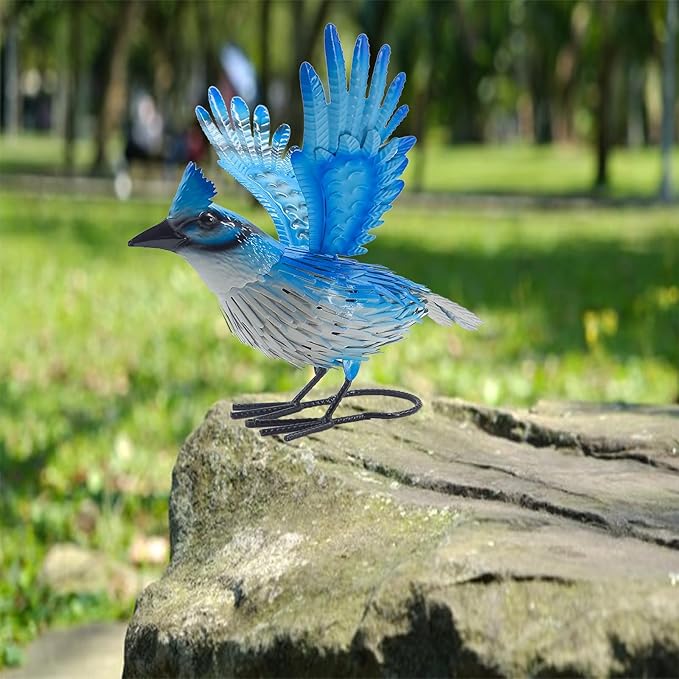 Cruis Cuka 9.5" Blue Jay Garden Decor, Hand-Painted Metal Bird Sculpture, Weatherproof Yard Art for Patio, Farmhouse Spring Gift