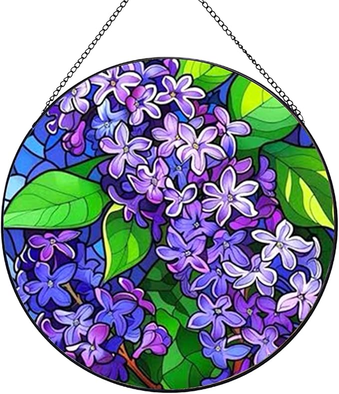 Purple Flowers Hanging Stained Glass for Window 7.87" Sun Catcher Garden Hanging Decoration Sun Catchers Colorful Glass Gifts for Women Mother's Day Valentine's Day Decorations Holiday