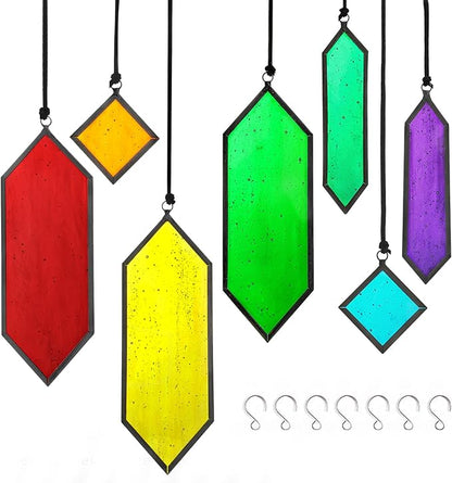 HDCRYSTALGIFTS Set 7 Sun Catchers Stained Glass Decor Gift,Stained Glass Window Hanging Suncatchers with Hooks Rainbow Maker Home Garden Glass Ornaments for Christmas Tree