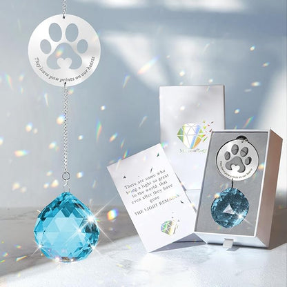 Mooncraftlogy Dog Memorial Gifts, Unique Loss of Pet Sympathy Idea, Sky Blue Crystal Ball Rainbow Suncatcher with Paw Print for Cat or Dog Remembrance and Bereavement