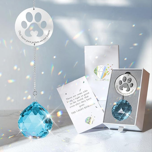 Mooncraftlogy Dog Memorial Gifts, Unique Loss of Pet Sympathy Idea, Sky Blue Crystal Ball Rainbow Suncatcher with Paw Print for Cat or Dog Remembrance and Bereavement