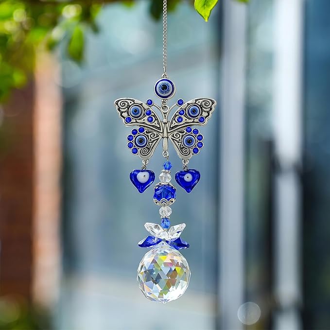 Crystal Suncatcher for Windows - Hanging Prism Sun Catchers with Crystal Balls&Blue Eye, Rainbow Maker for Home、 Garden、Car Decor (Butterfly)
