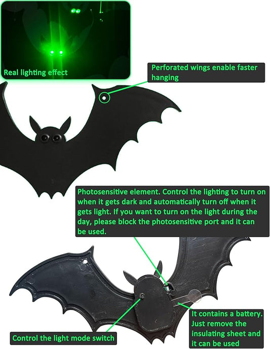 Hanging Bats Halloween Decorations, 12Pcs Halloween Bats with Night Auto-On/Off, Scary Green LED Eyes 3D Bat Wall Decor, Light Up Bat 3 Modes, Outdoor and Indoor Tree Yard Party Decor