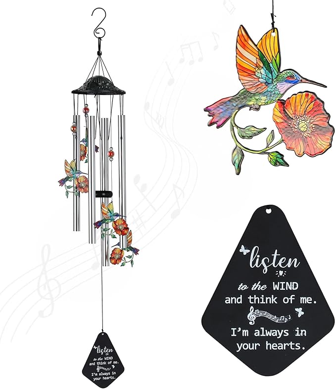 YU FENG Memorial Wind Chime with Crystals for Outdoor Garden Decor – Colorful Hummingbird with Memorial Tag, 34 Inch