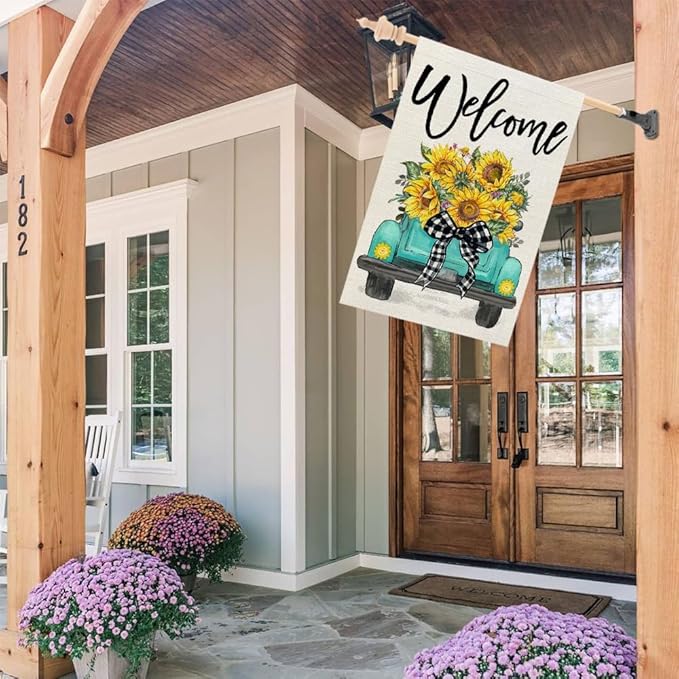 CROWNED BEAUTY Summer House Flag Sunflowers Truck 28x40 Inch Double Sided Large Burlap Holiday Flag for Outside Yard Welcome CF1493-40