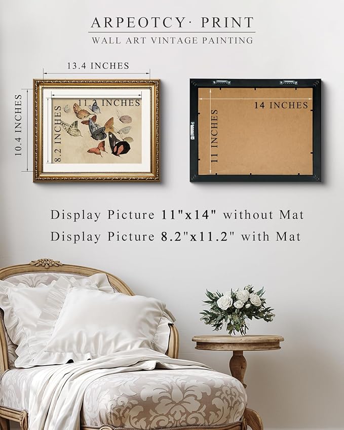 ARPEOTCY Vintage Gold Framed Wall Art, Classical Flying Butterflies Paintings, Canvas Prints Artwork with Antique Frame, Victorian Wall Pictures Decor for Living Room Gallery Bedroom, 13x16 inch