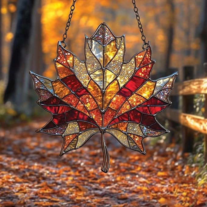 Hanging Stained Glass for Windows, Maple Leaf Set of 4 Suncatcher Ready to Hang Window Doors Home Decoration,Valentine's Day Ornaments Festival Gift