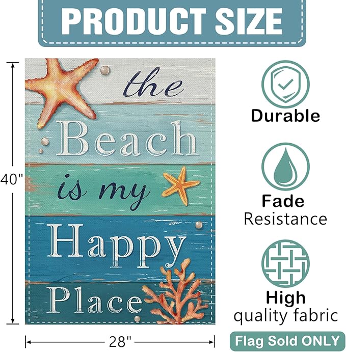 Dyrenson Summer The Beach is My Happy Place 28 x 40 House Flag Double Sided, Blue Coastal Starfish Farmhouse Garden Yard Decorations, Coral Pearl Nautical Rustic Outdoor Decor Decorative Large Flag