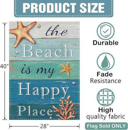 Dyrenson Summer The Beach is My Happy Place 28 x 40 House Flag Double Sided, Blue Coastal Starfish Farmhouse Garden Yard Decorations, Coral Pearl Nautical Rustic Outdoor Decor Decorative Large Flag