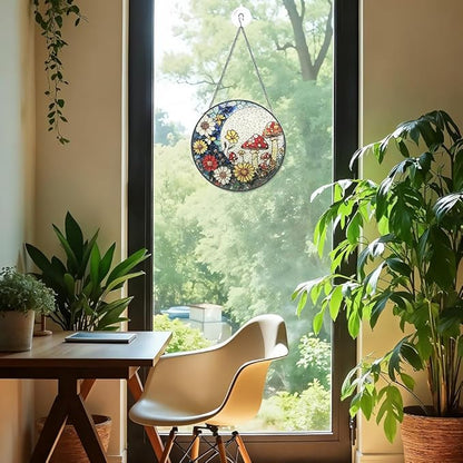Crescent Moon Suncatcher with Colorful Mushrooms & Wildflowers - Stained Glass Window Hanging Decor for Indoor Windows, Unique Gift for Plant Lovers, Housewarming, Birthday, or New Home Celebration