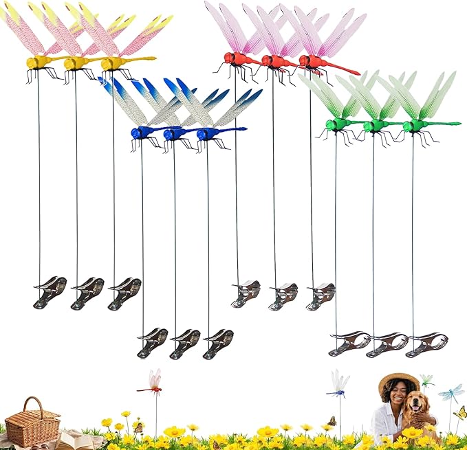 Jongdari 12pcs Dragonfly Hat Clip Realistic Fake Dragonflies Clip-On Garden Outdoor Decor Stakes Plastic Dragon Fly Clips Plant Decorations for Pot