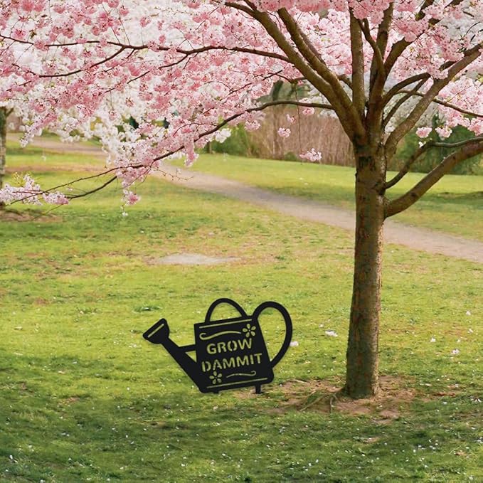 WADORN Grow Dammit Metal Outdoor Statues Silhouette, Funny Watering Can Metal Decorative Garden Stakes Rustic Silhouette Ornament Gift Funny Outdoor Decor for Backyard Patio Lawn Walkways Outdoor