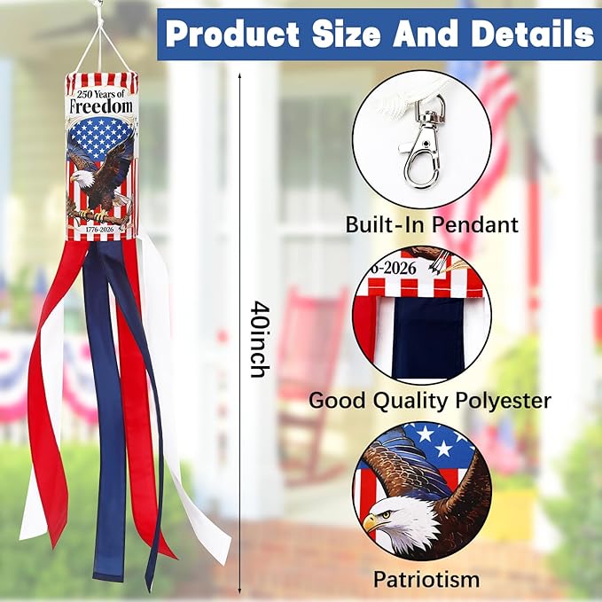 NOVWANG American Eagle Windsock, 2 Pack Heavy Duty USA Wind Spinners Red White Blue Wind Socks for Outdoor 250 Years Anniversary Patriotic Decor