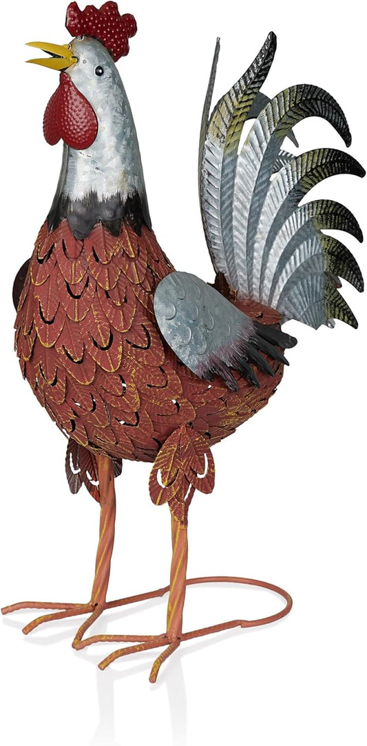 Alpine Corporation JUM388 Metal Outdoor Rooster Decor Statue, Animal Décor for Patio, Lawn & Garden, 20"H, Silver and Rust
