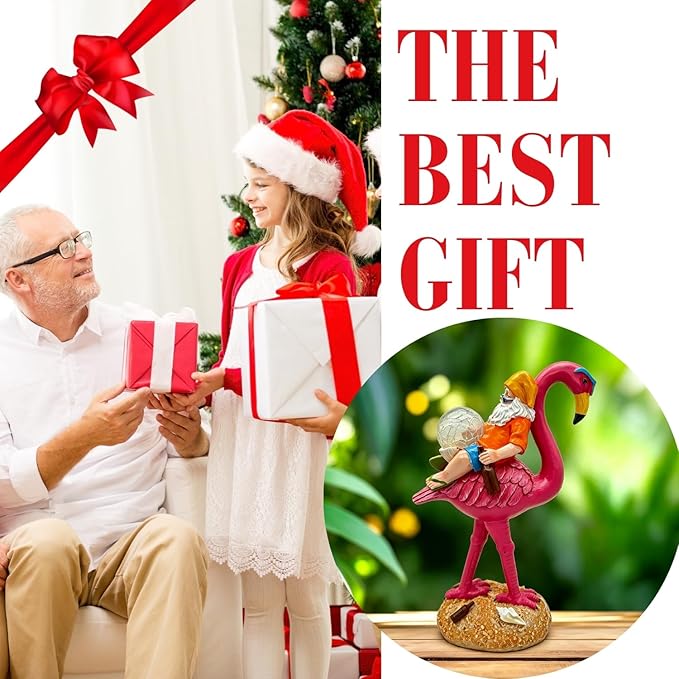 Solar Gnome with Flamingo - Funny Outdoor Garden Decor Statue with Glass Ball Light, Automatic LED Illumination for Patio, Yard, Lawn