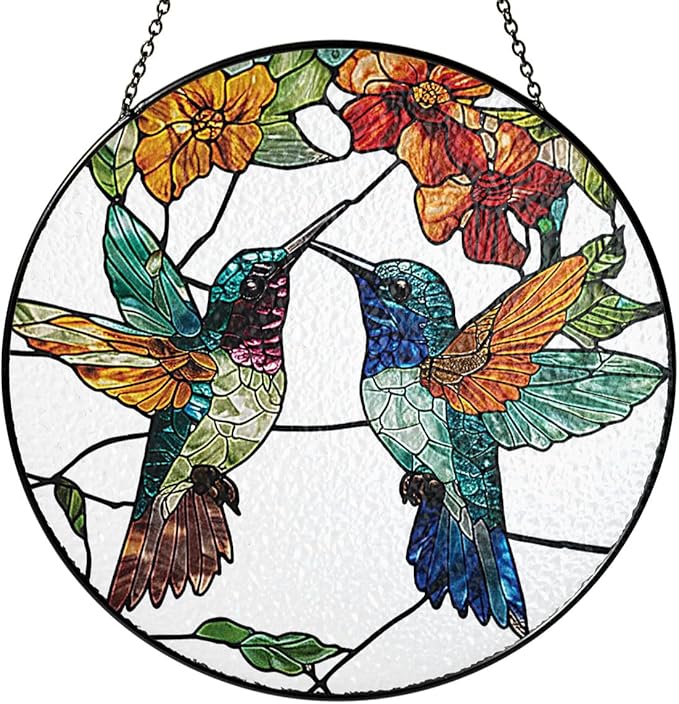 6" Hummingbirds Stained Glass Suncatchers Art Glass Birds for Sun Catcher Indoor Window Gifts for Pet Animal Nature Floral Lovers Women Grandma Mom Friend Painted Panel Décor BIRD-06B-SG6