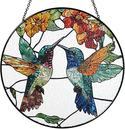 6" Hummingbirds Stained Glass Suncatchers Art Glass Birds for Sun Catcher Indoor Window Gifts for Pet Animal Nature Floral Lovers Women Grandma Mom Friend Painted Panel Décor BIRD-06B-SG6