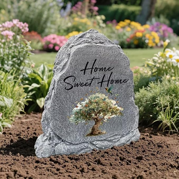 Garden Stone Sculpture with Tree of Life Butterfly, Solar Resin Outdoor Sculpture, Suitable As Tomb Decoration for Garden, Lawn, Cemetery, Memorial Gift, Home Decoration