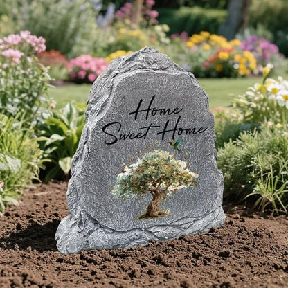 Garden Stone Sculpture with Tree of Life Butterfly, Solar Resin Outdoor Sculpture, Suitable As Tomb Decoration for Garden, Lawn, Cemetery, Memorial Gift, Home Decoration