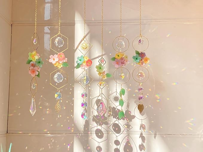 6 Pieces Flowers Ball Crystals Suncatcher Hanging Sun Catchers with Chain Pendant Ornament Crystal Prisms Rainbow for Window Decoration Gift (Gold)