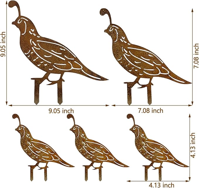 5PCS Rusty Quail Family Decorative Garden Stakes, Metal Birds Yard Decor, Bird Lover Gifts for Women Mom Grandma Wife, Metal Birds Statues Garden Sculptures and Yard Art, Patio, Lawn Ornaments