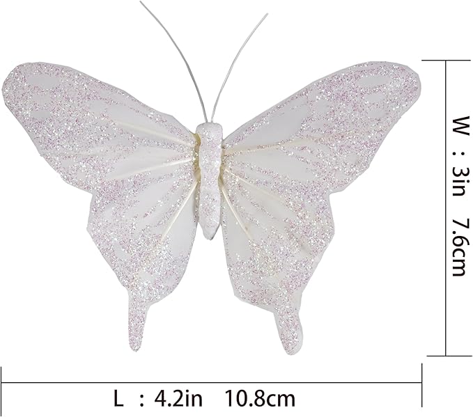 Cartanfill- Feather Fake Butterfly Balcony Decoration, Wedding Home Flower Pot Christmas Valentine's Day Fairy Garden Fairy Garden Supplies, White, 12pcs Wire
