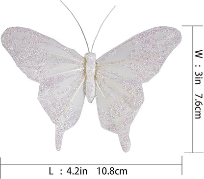 Cartanfill- Feather Fake Butterfly Balcony Decoration, Wedding Home Flower Pot Christmas Valentine's Day Fairy Garden Fairy Garden Supplies, White, 12pcs Wire